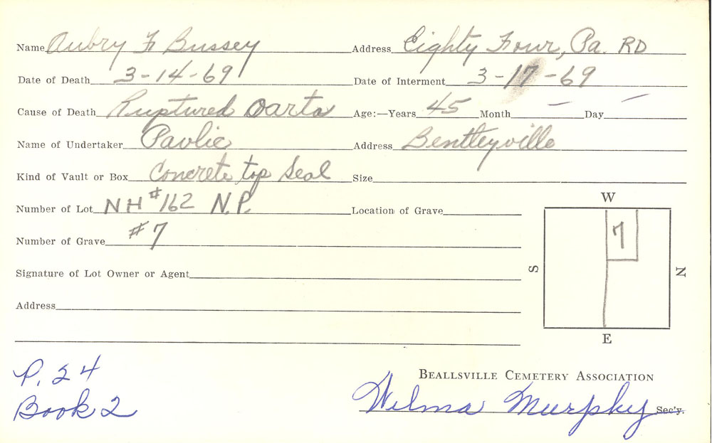 Aubry F. Bussey burial card